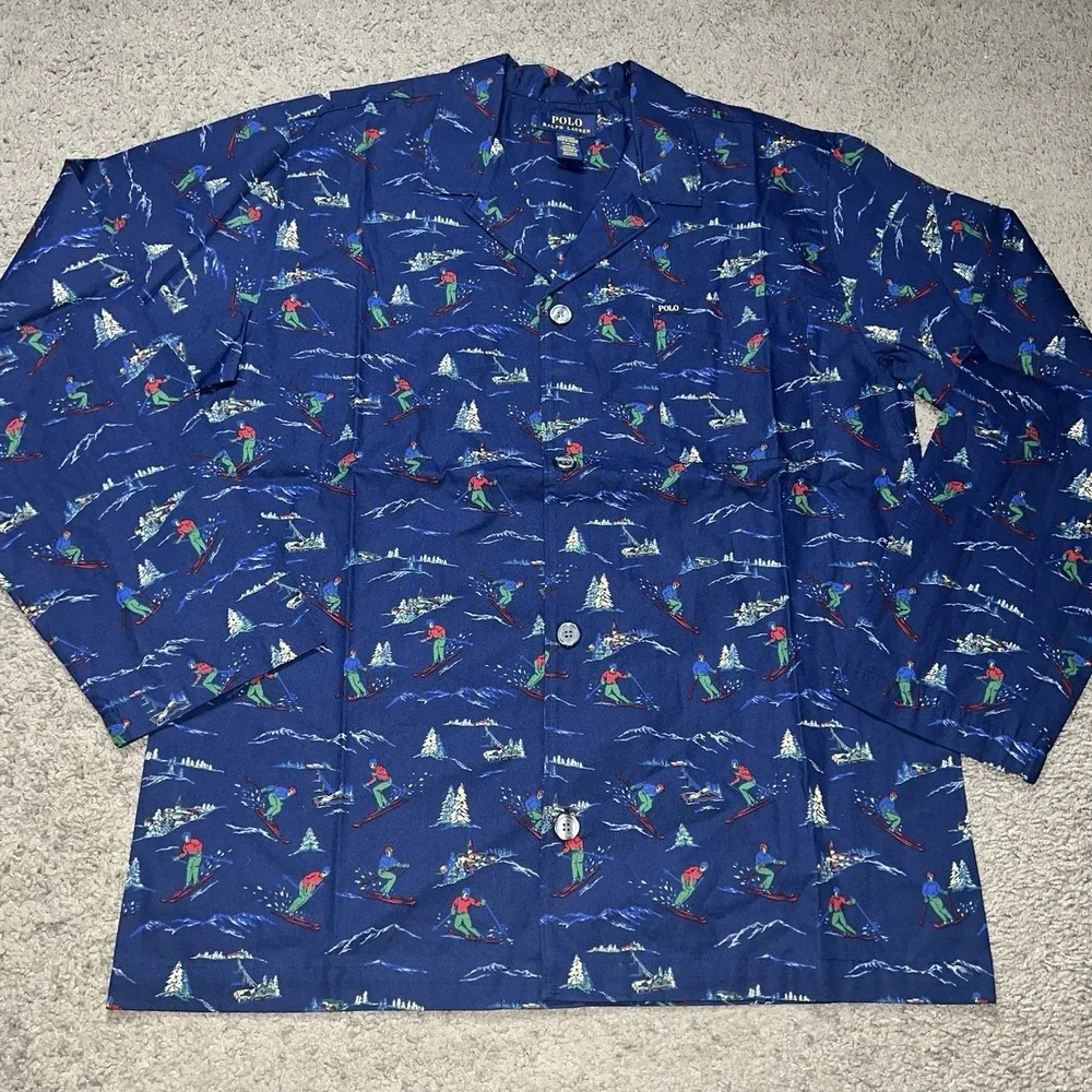 Polo Ralph Lauren 100% Cotton Men's Sleep Shirt Pajama Downhill Ski AOP‎ Size M